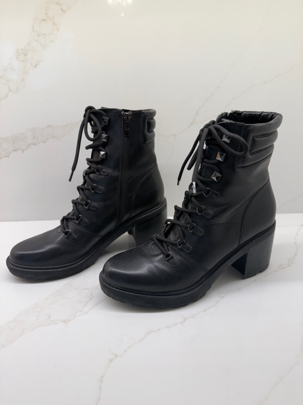 Marc Fisher Black Lace-Up Leather Combat Boots with Stud Accents